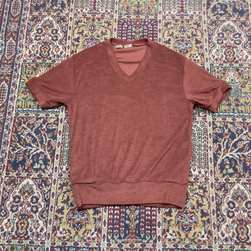 VTG 70s Men Rust Orange Terry Towel Cloth V Neck Short Sleeve Sweater Medium USA